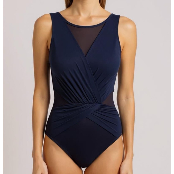 Miraclesuit One Piece Swimsuit Sz 16 Navy Mesh Tummy Control Slimming Palma - Picture 1 of 10